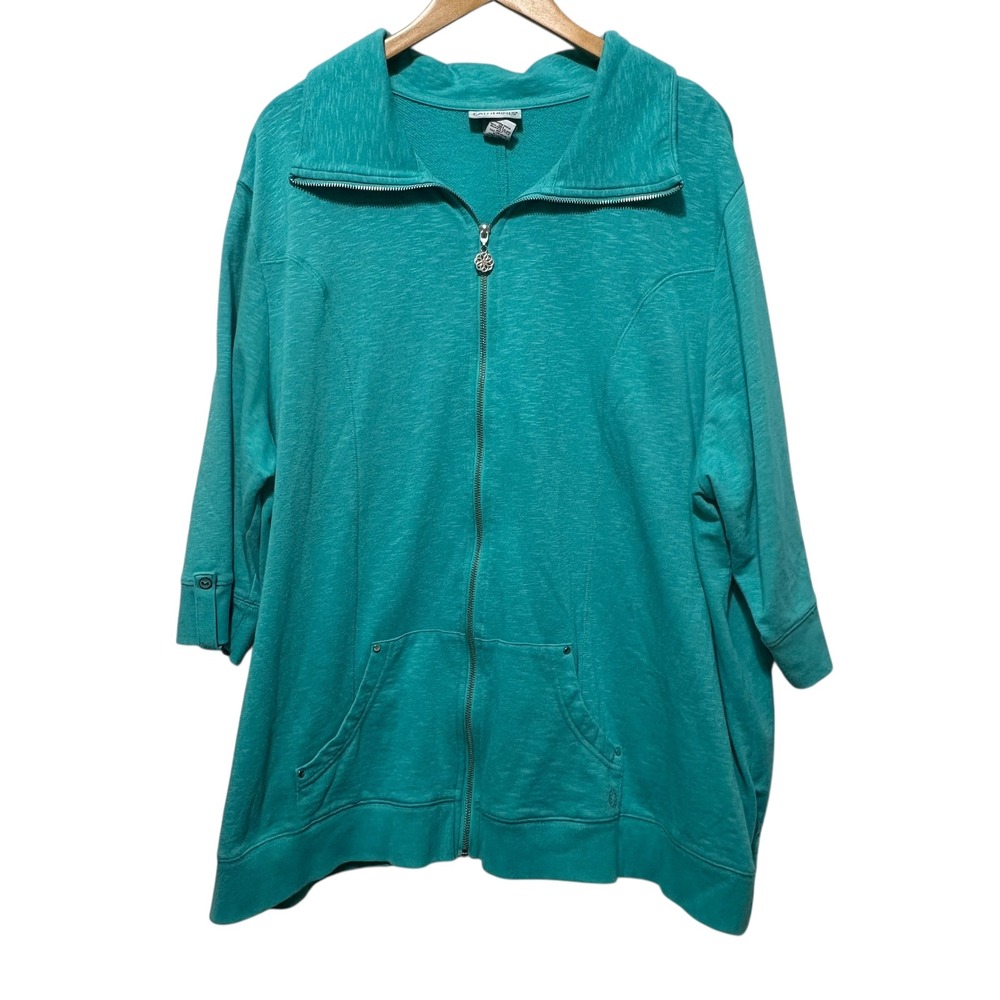 Catherines Women Zip Jacket 3X Teal Lightweight Casual Lounge Comfy Cotton Blend